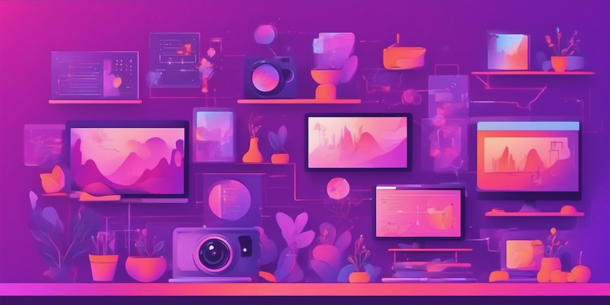 Video tutorials in flat illustration style, colorful purple gradient colors